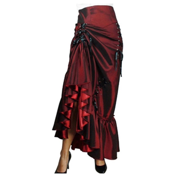 Red Silky Lace Up Trumpet Skirt - Picture 4 of 5